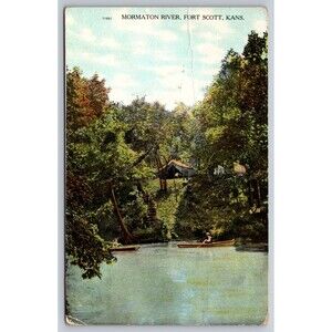 Postcard Kansas Fort Scott Marmaton River Boats Tents Posted 1908 Mormaton Stamp